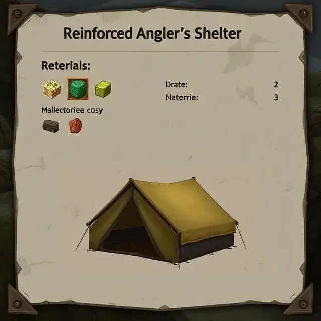 Crafting menu UI for a 'Reinforced Angler's Shelter', showing the required materials and the 3D model of a cozy tent.