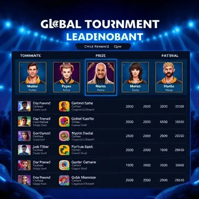'Global Tournament' leaderboard UI with player avatars and prize pools.