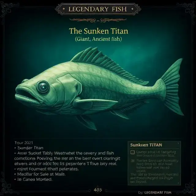 'Legendary Fish' bestiary entry UI for 'The Sunken Titan', a giant, ancient fish.