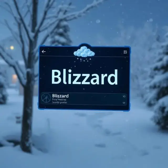 Game UI showing a 'Blizzard' weather alert, with snow effects.