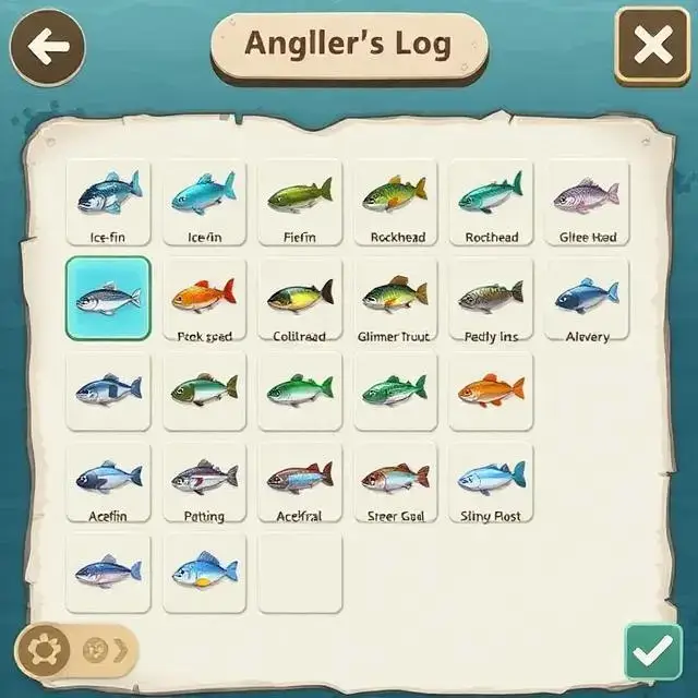 The in-game collection book showing different fish species