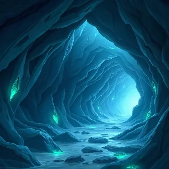 Environment concept art for 'Whispering Caves', a network of ice caves with glowing crystals.