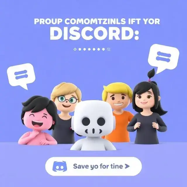 Promotional art for a Discord community, showing several stylized 3D character avatars chatting and sharing tips.