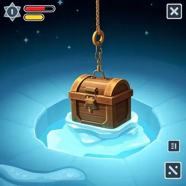 Game UI showing a treasure chest being pulled from an ice hole.