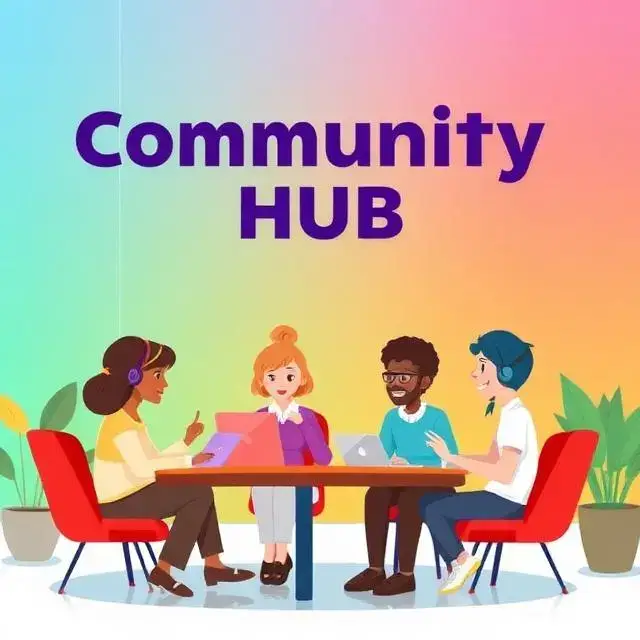 Promotional art for a community hub, showing several character avatars chatting.
