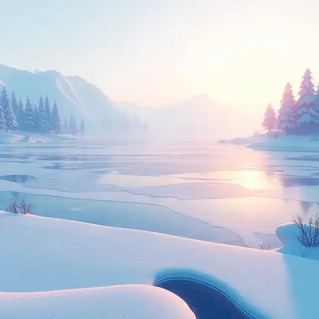 Environment concept art for 'Crystal Lake', showing a serene frozen lake at dawn in a stylized 3D game.