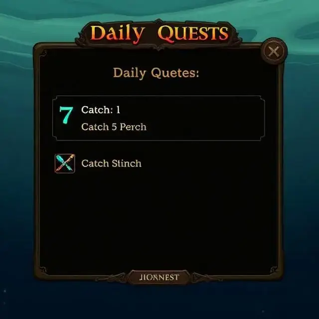 'Daily Quests' UI panel with tasks like 'Catch 5 Perch'.