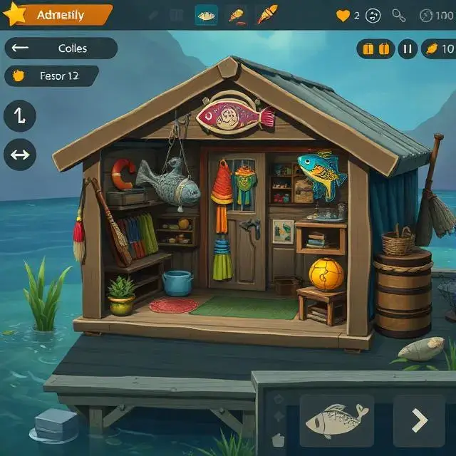 In-game screenshot of a character customizing their fishing shelter with decorations.