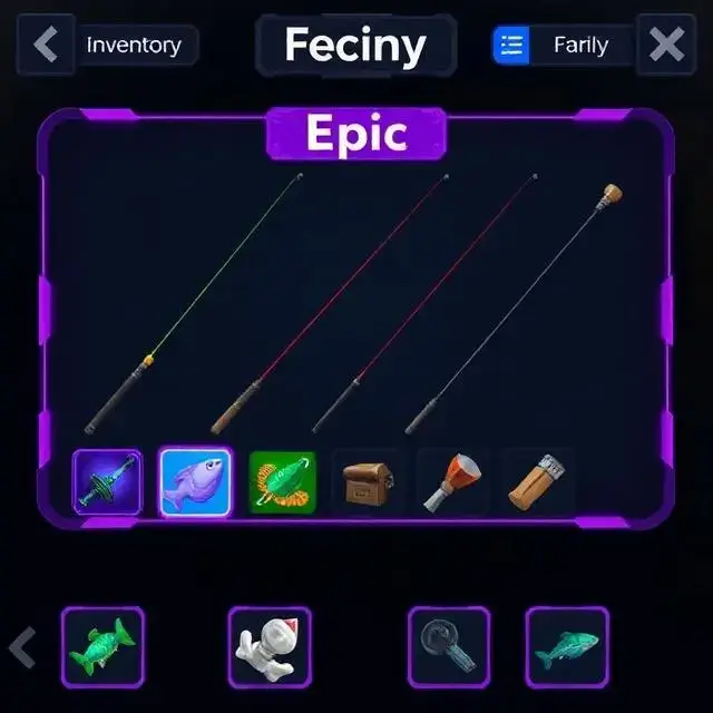 Game inventory UI showing 'Epic' rarity fishing rods, glowing purple borders, stylized 3D icons.