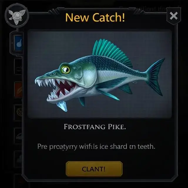 'New Catch!' UI popup for the 'Frostfang Pike', a predatory fish with ice shards for teeth.