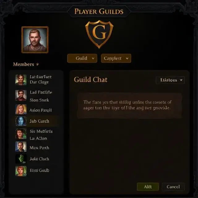 'Player Guilds' interface UI showing a list of members and a guild chat.