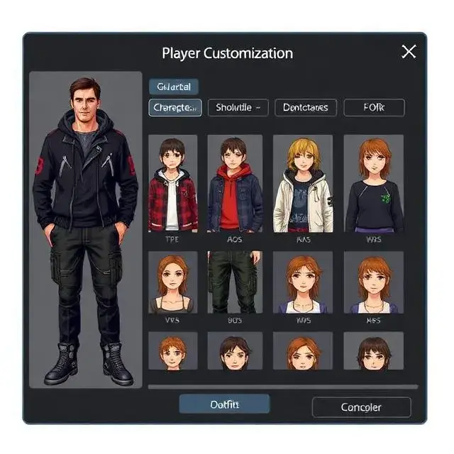 'Player Customization' screen UI showing different character outfits and hairstyles.