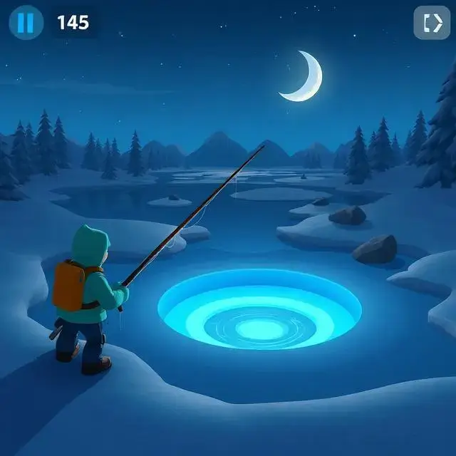 Night fishing gameplay screenshot from a stylized 3D mobile game, character is by a glowing ice hole.