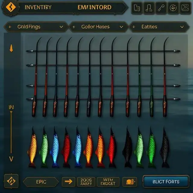 Game inventory screen UI showing a collection of colorful 'Epic' rarity fishing rods.