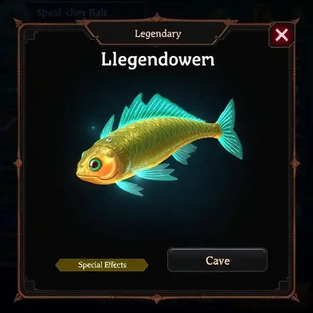 Game UI popup for a 'Legendary' bait called 'Glimmerworm', showing its glowing 3D model and special effects.