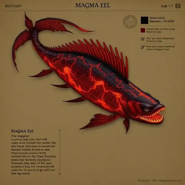 Bestiary entry UI for the 'Magma Eel', a long, serpent-like fish with glowing lava cracks.