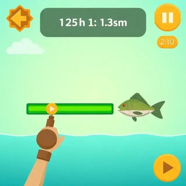 Animated GIF of a mobile fishing game mini-game UI, showing a player keeping a slider inside a moving green bar to reel in a fish.