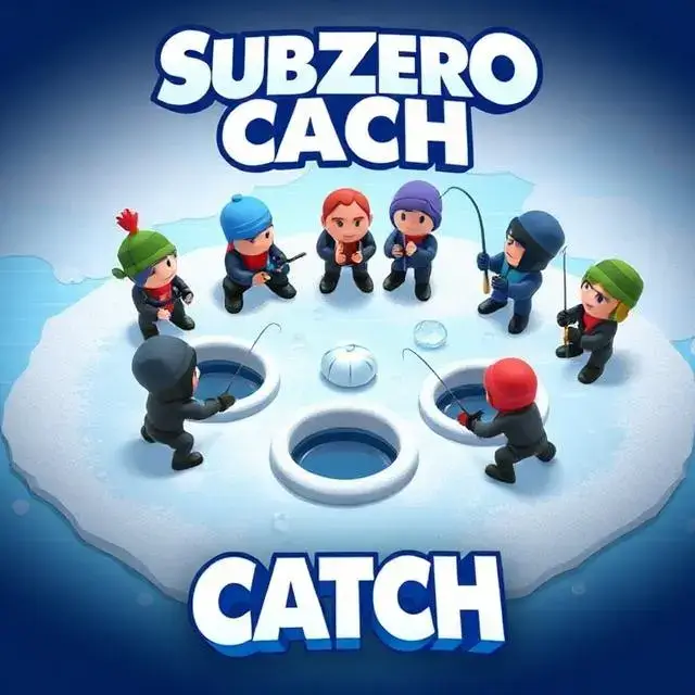 Promotional splash screen art for 'Subzero Catch', multiple stylized 3D character avatars fishing together around several ice holes, showing a sense of community.