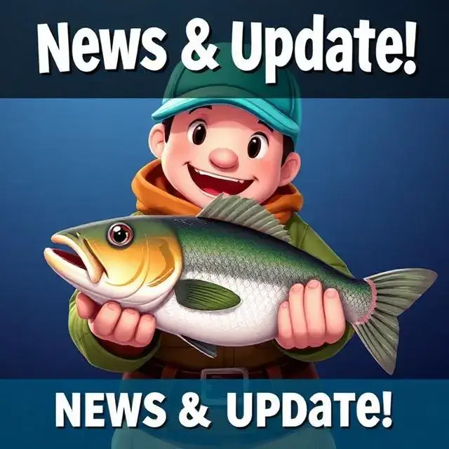 Promotional art for news and updates, showing a character holding a fish with a 'New Catch!' text bubble.