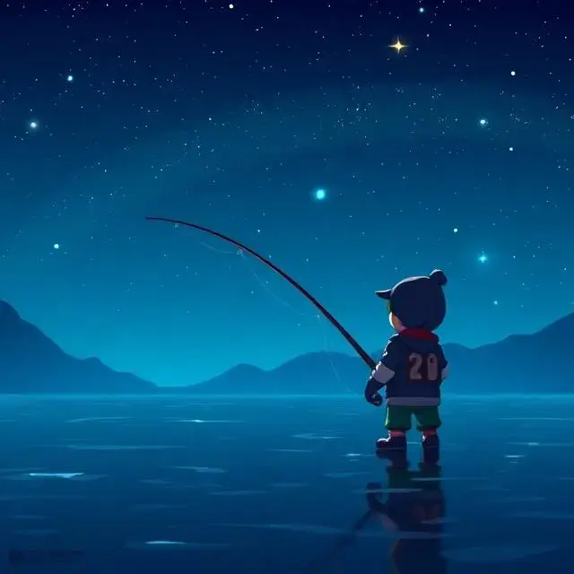 Splash screen art for a 'Night Fishing' game mode, showing a character under the stars.