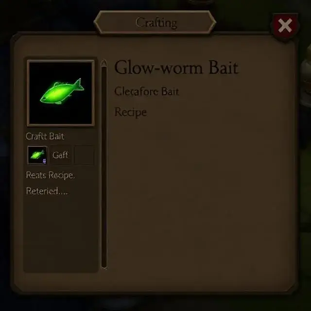 'Crafting Menu' UI showing a recipe for 'Glow-worm Bait'.