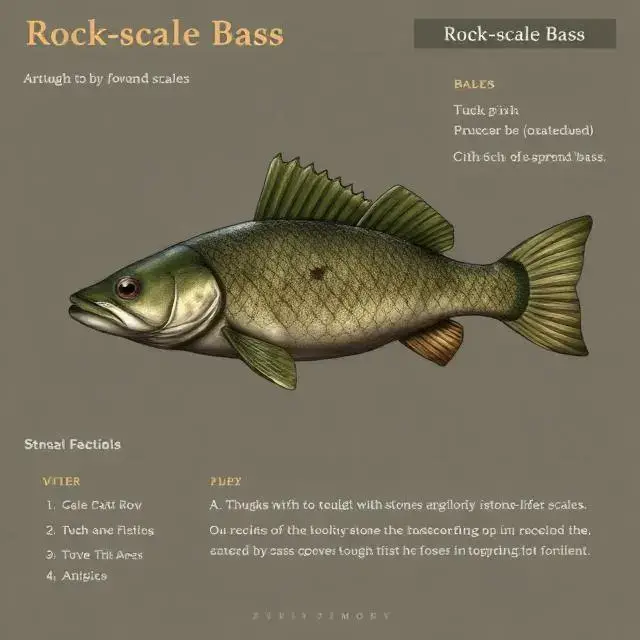 Bestiary UI for the 'Rock-scale Bass', a tough fish with stone-like scales.