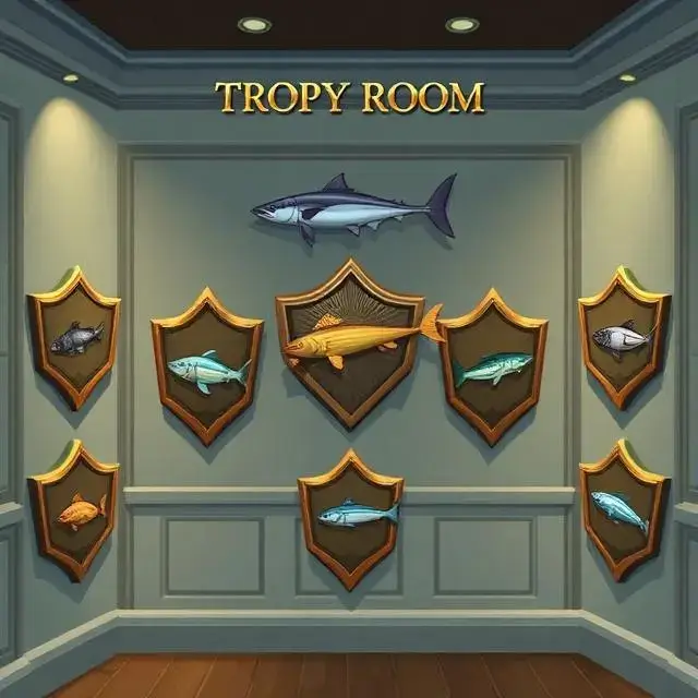 'Trophy Room' UI where a player can display their best catches on plaques.