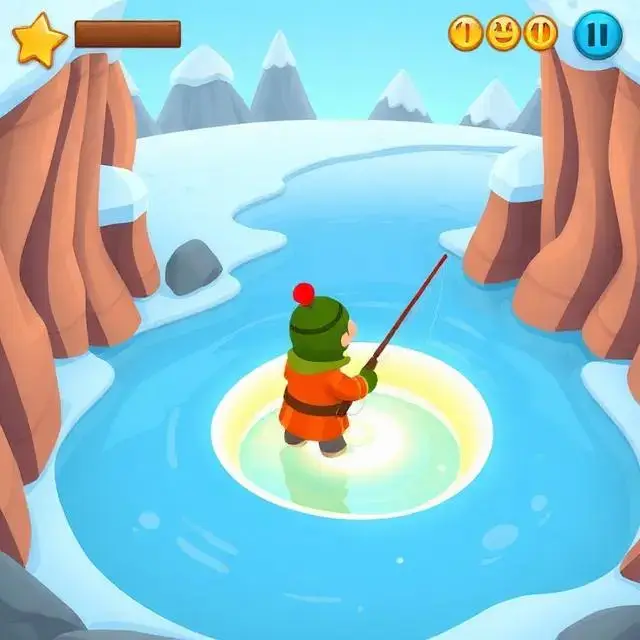 Over-the-shoulder gameplay view of a character casting a line into a frozen lake at sunrise.