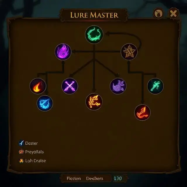 'Skill Tree' UI showing different paths for player progression like 'Lure Master'.