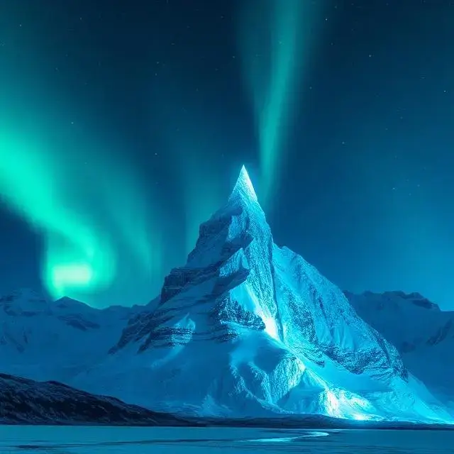 Cinematic promotional art of the 'Aurora Spire' region, a giant ice crystal mountain at night.