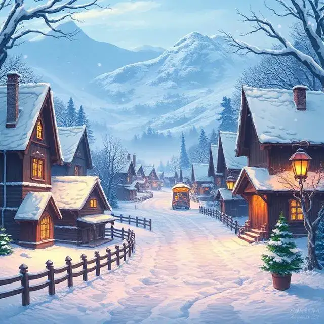 'Seasonal Event' splash screen art for 'The Midwinter Festival', showing a snowy village.