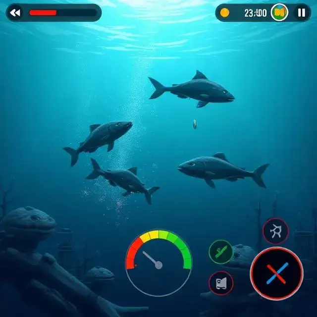 Gameplay screenshot from 'Subzero Catch' showing the tension meter mini-game during a fish battle.