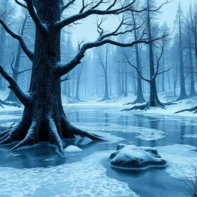 Game environment screenshot of 'Sunken Forest', where ancient trees are frozen into a lake.