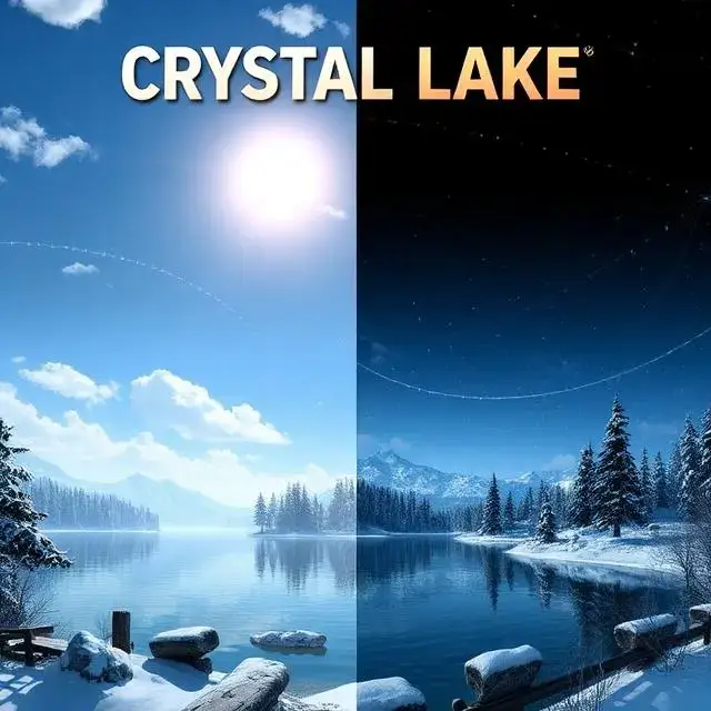 Split-screen promotional art showing the same game location, 'Crystal Lake', during a bright sunny day and a dark, snowy night.