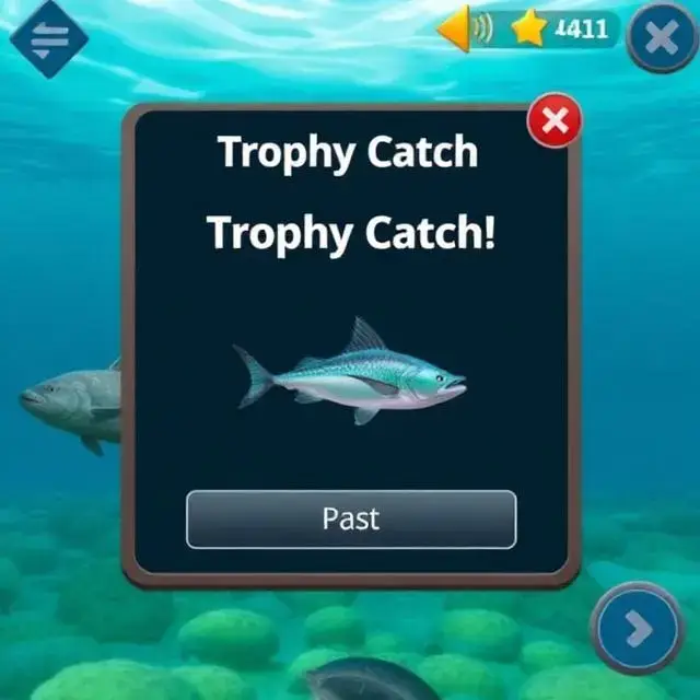 Mobile game UI screenshot showing a 'Trophy Catch!' popup for a legendary fish.