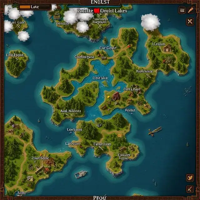 Game map UI showing multiple unlockable lakes and regions.