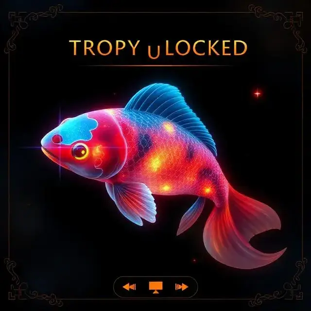 'Trophy Unlocked' UI screen for the 'Celestial Koi', a fish with glowing, cosmic scales.