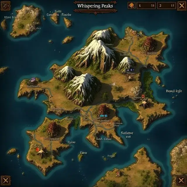 Game map UI showing the 'Whispering Peaks' region with undiscovered areas.