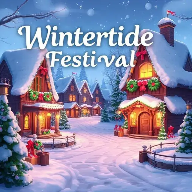 Promotional splash art for a 'Wintertide Festival' event in Subzero Catch, showing a decorated snowy village.